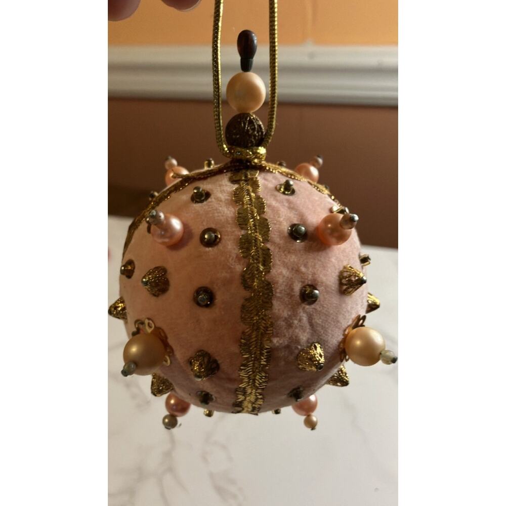 Vintage Pink Push Pin Christmas Ornaments Sequin Bead Velvet With Gold And Pearl